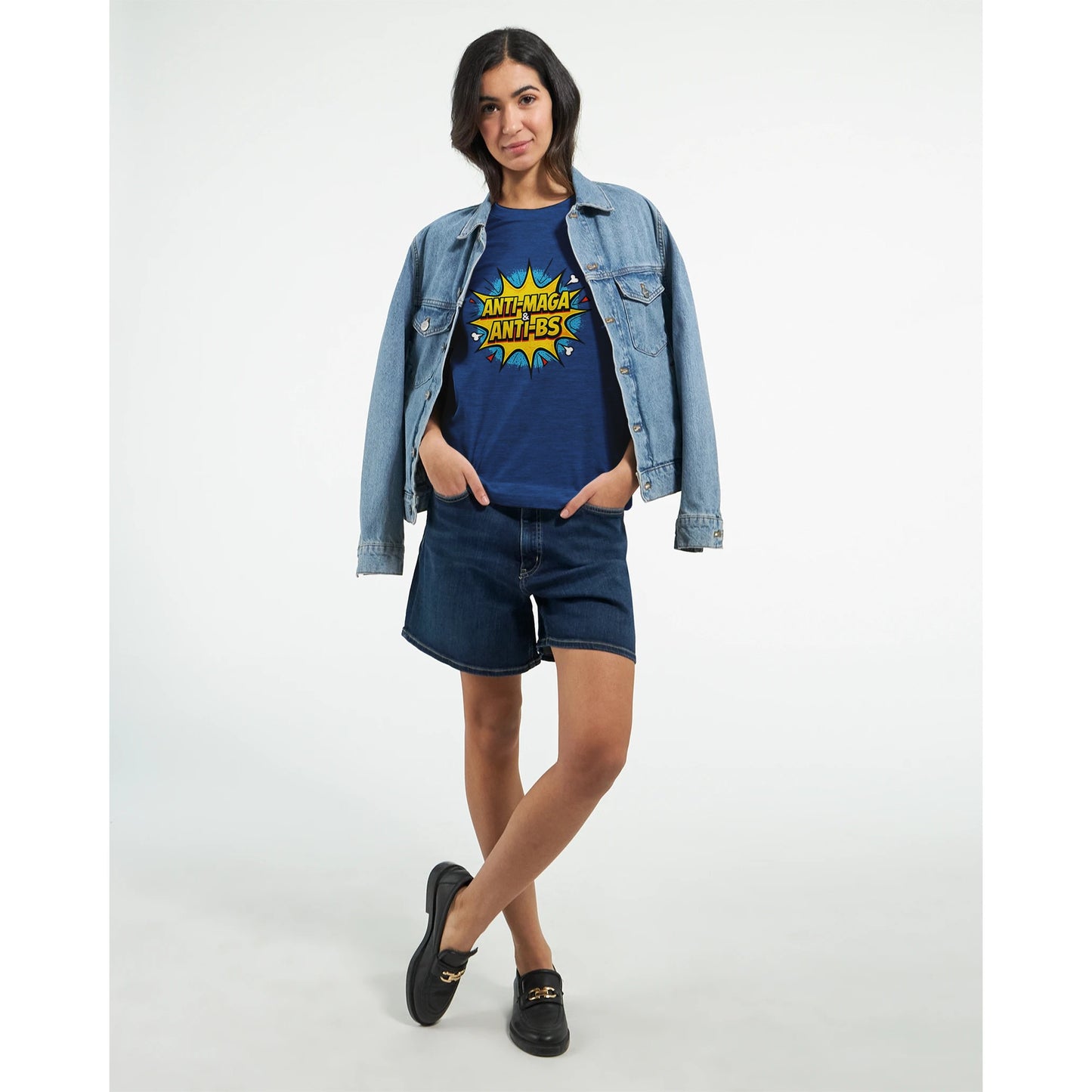 Anti-MAGA and Anti-BS political satire t-shirt.