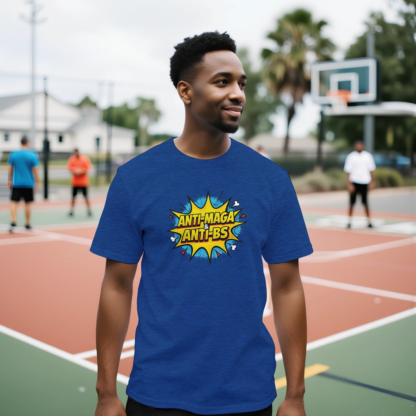 Anti-MAGA and Anti-BS political satire t-shirt.