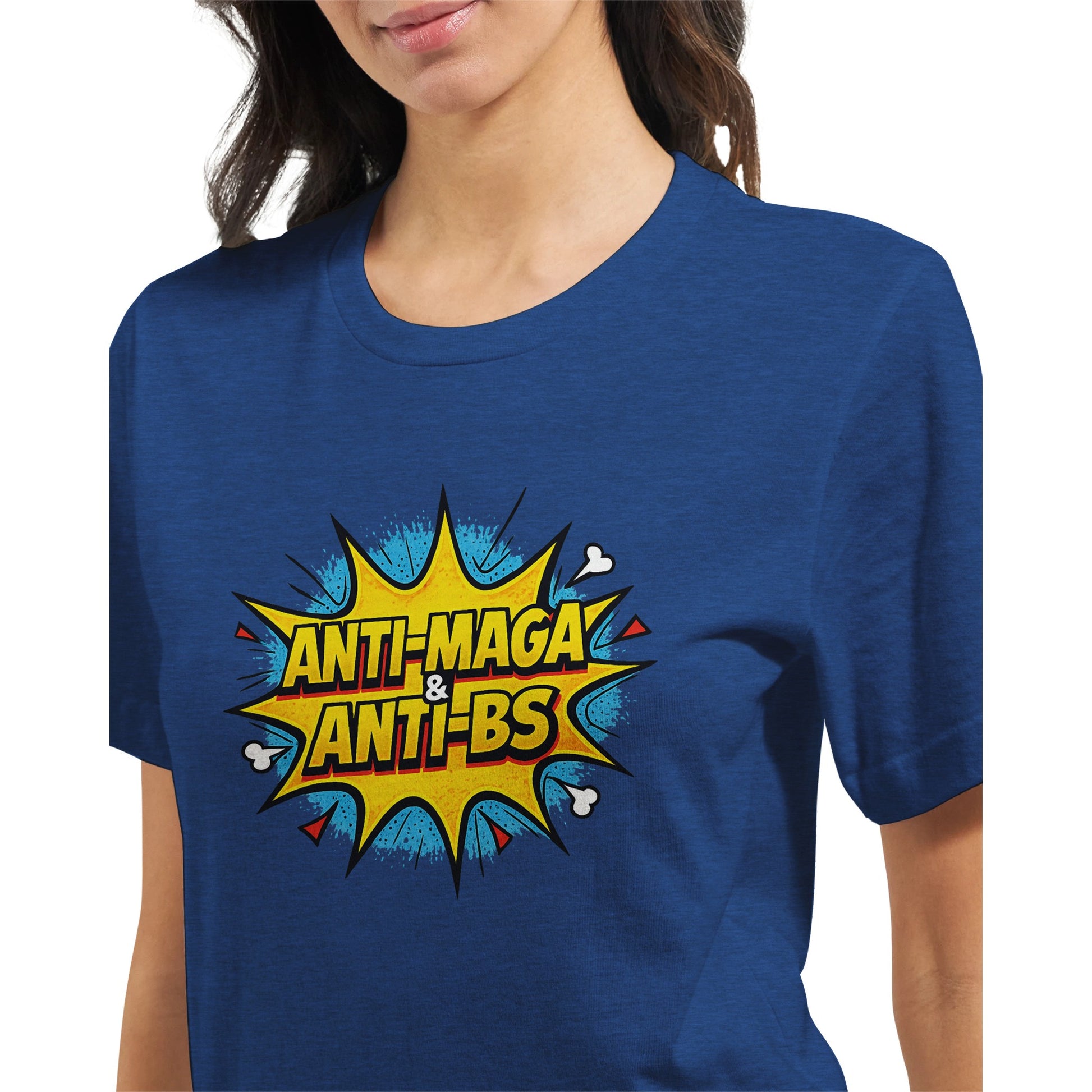 Anti-MAGA and Anti-BS political satire t-shirt.