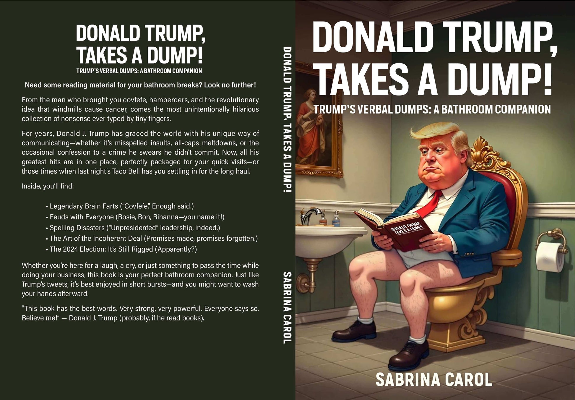 Donald Trump Takes a Dump satire book cover showing humorous caricature on a golden toilet
