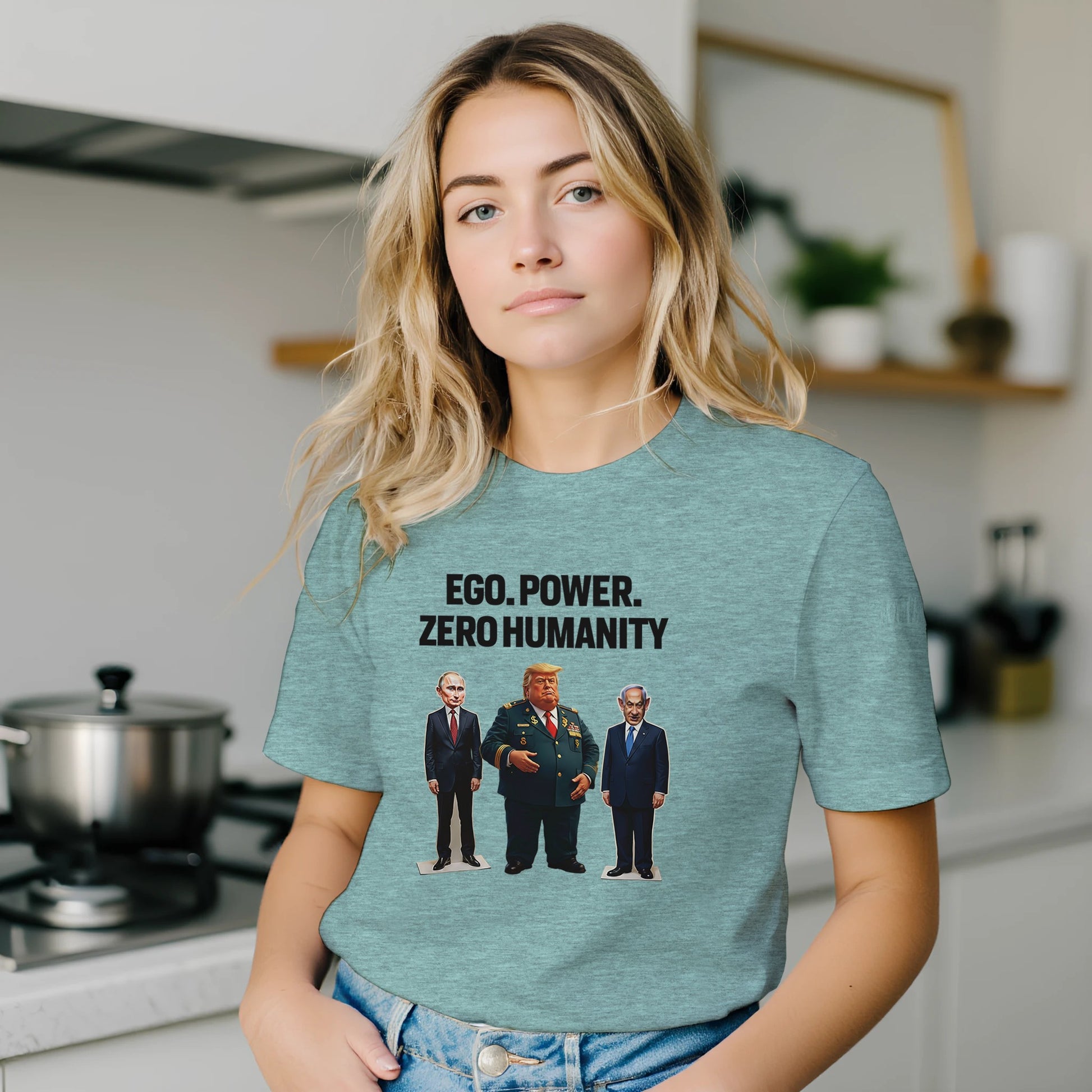 Ego, Power, Zero Humanity political satire t-shirt