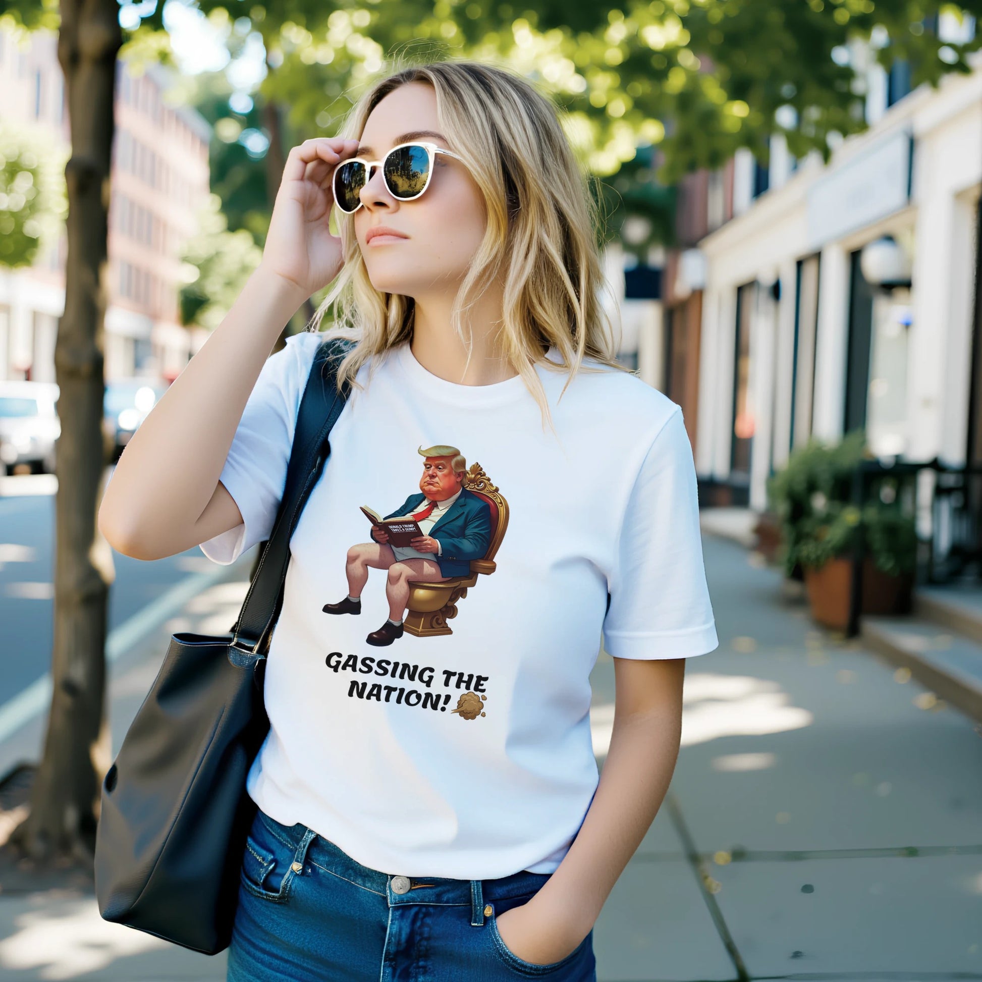 Gassing the Nation anti-Trump satire t-shirt with Trump caricature on golden toilet