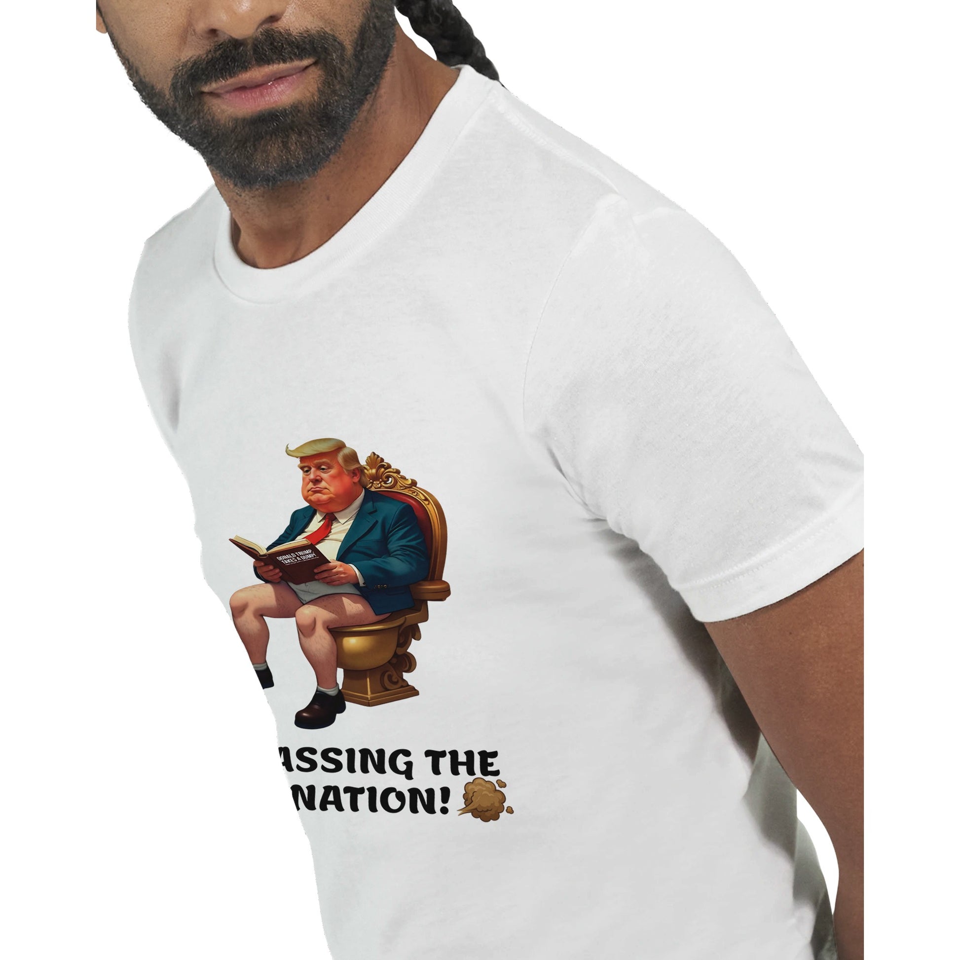 Gassing the Nation anti-Trump satire t-shirt with Trump caricature on golden toilet