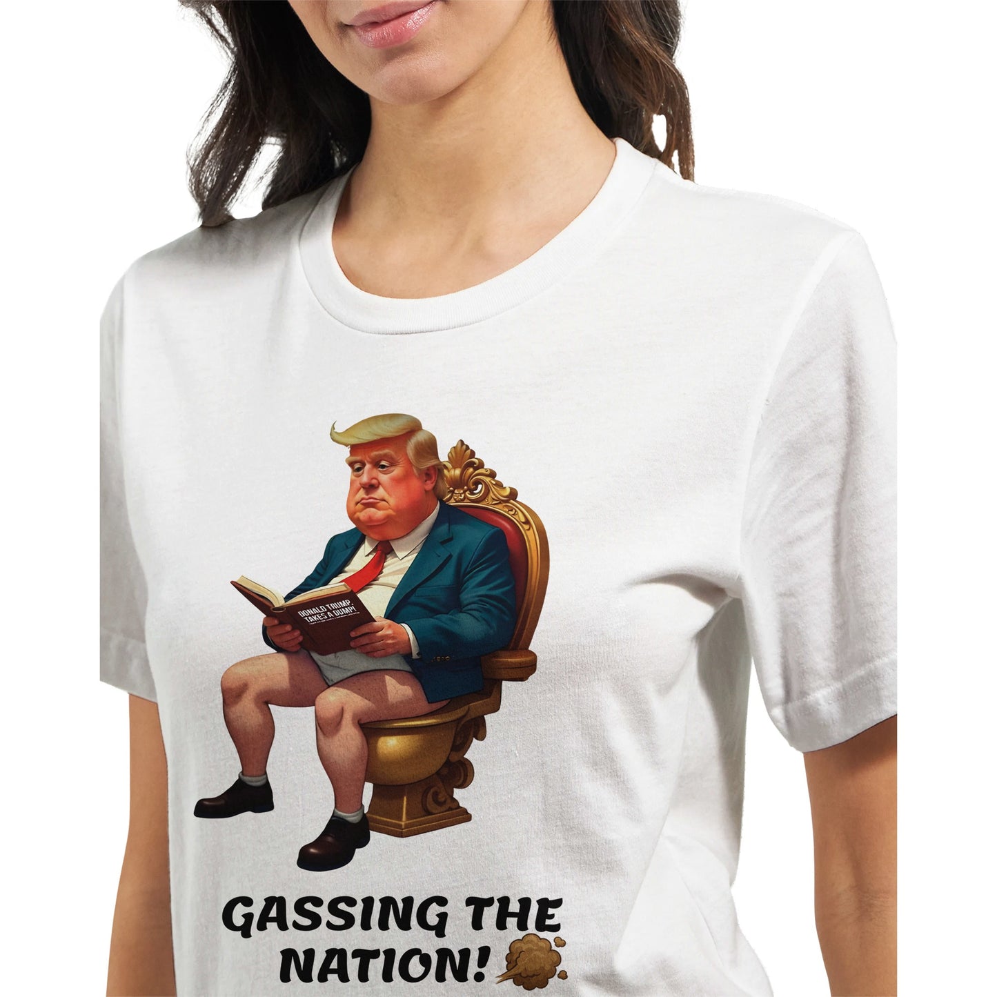 Gassing the Nation anti-Trump satire t-shirt with Trump caricature on golden toilet