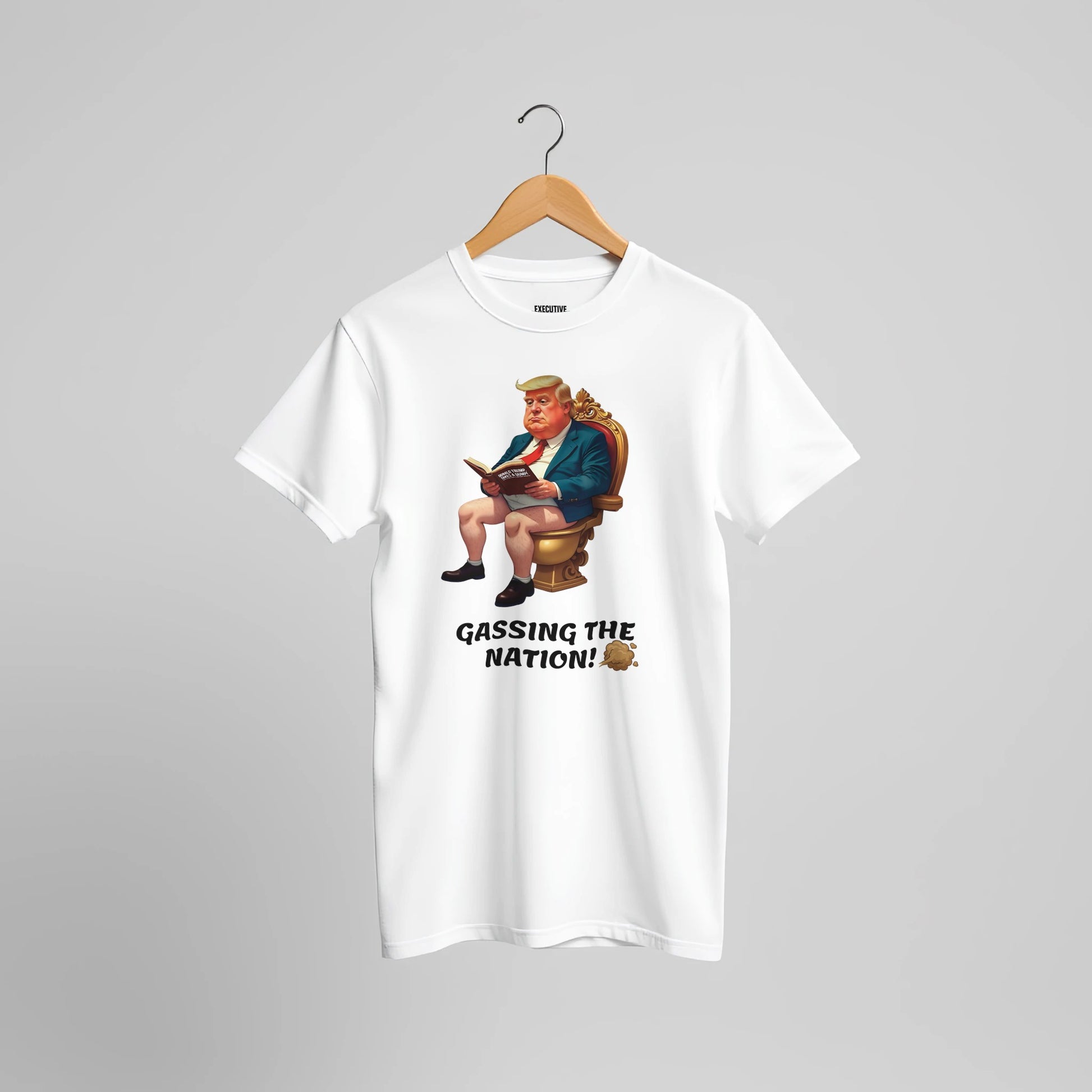 Gassing the Nation anti-Trump satire t-shirt with Trump caricature on golden toilet