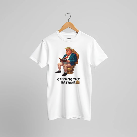 Gassing the Nation anti-Trump satire t-shirt with Trump caricature on golden toilet