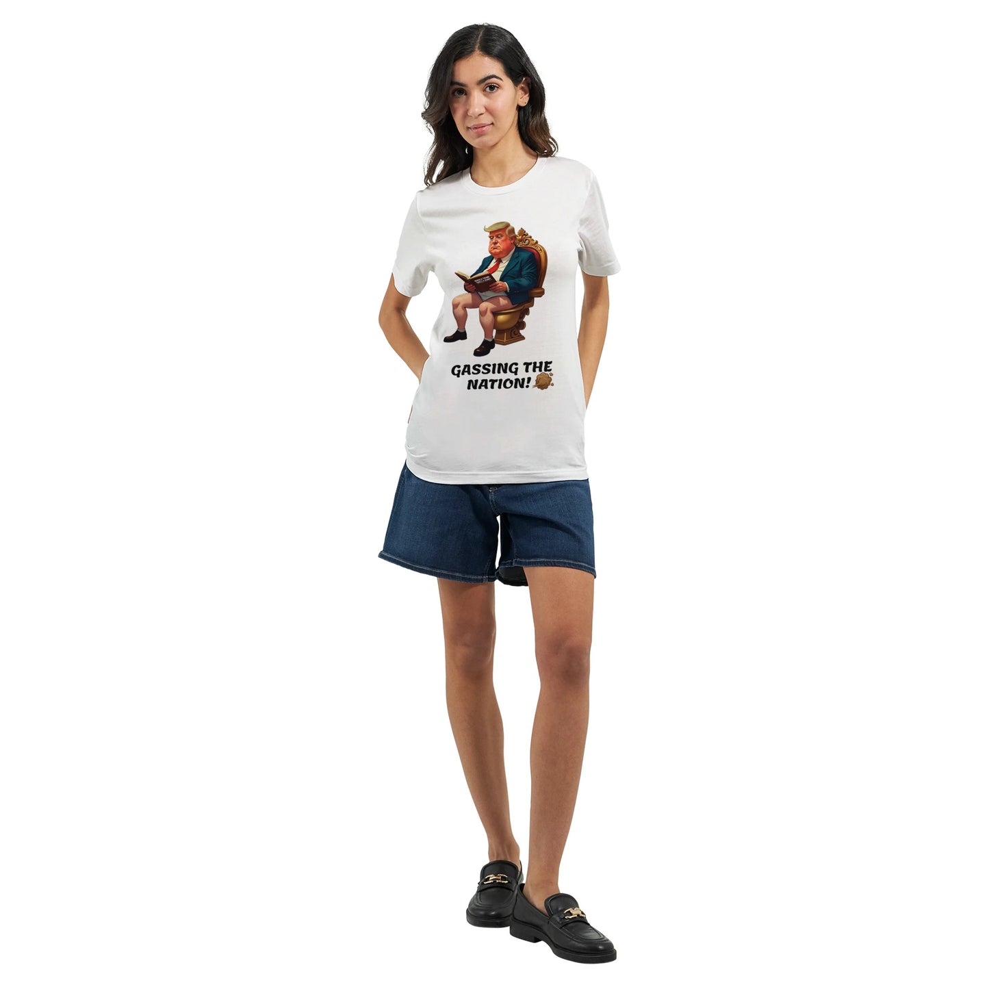 Gassing the Nation anti-Trump satire t-shirt with Trump caricature on golden toilet