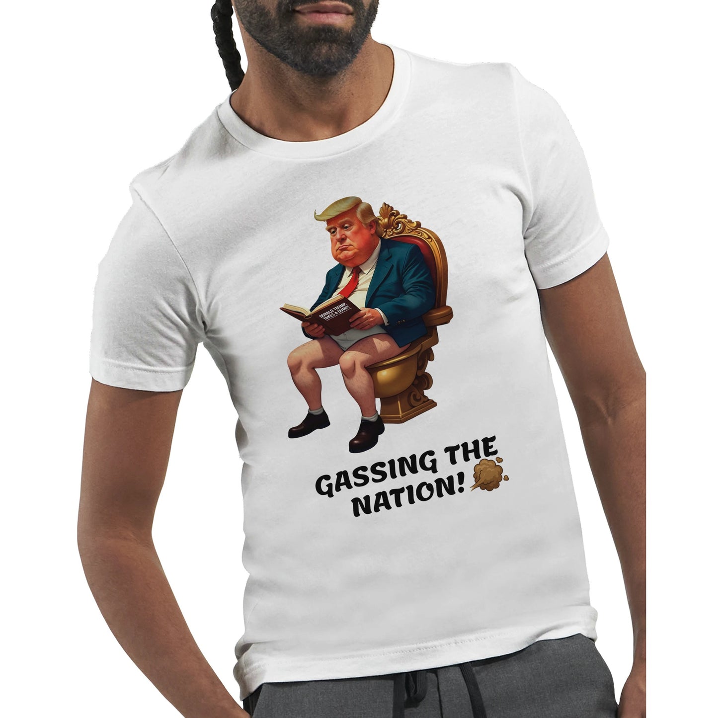 Gassing the Nation anti-Trump satire t-shirt with Trump caricature on golden toilet