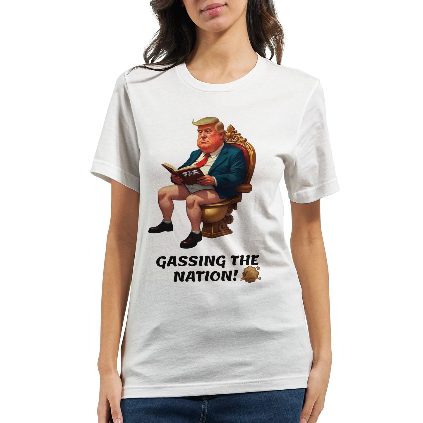 Gassing the Nation anti-Trump satire t-shirt with Trump caricature on golden toilet