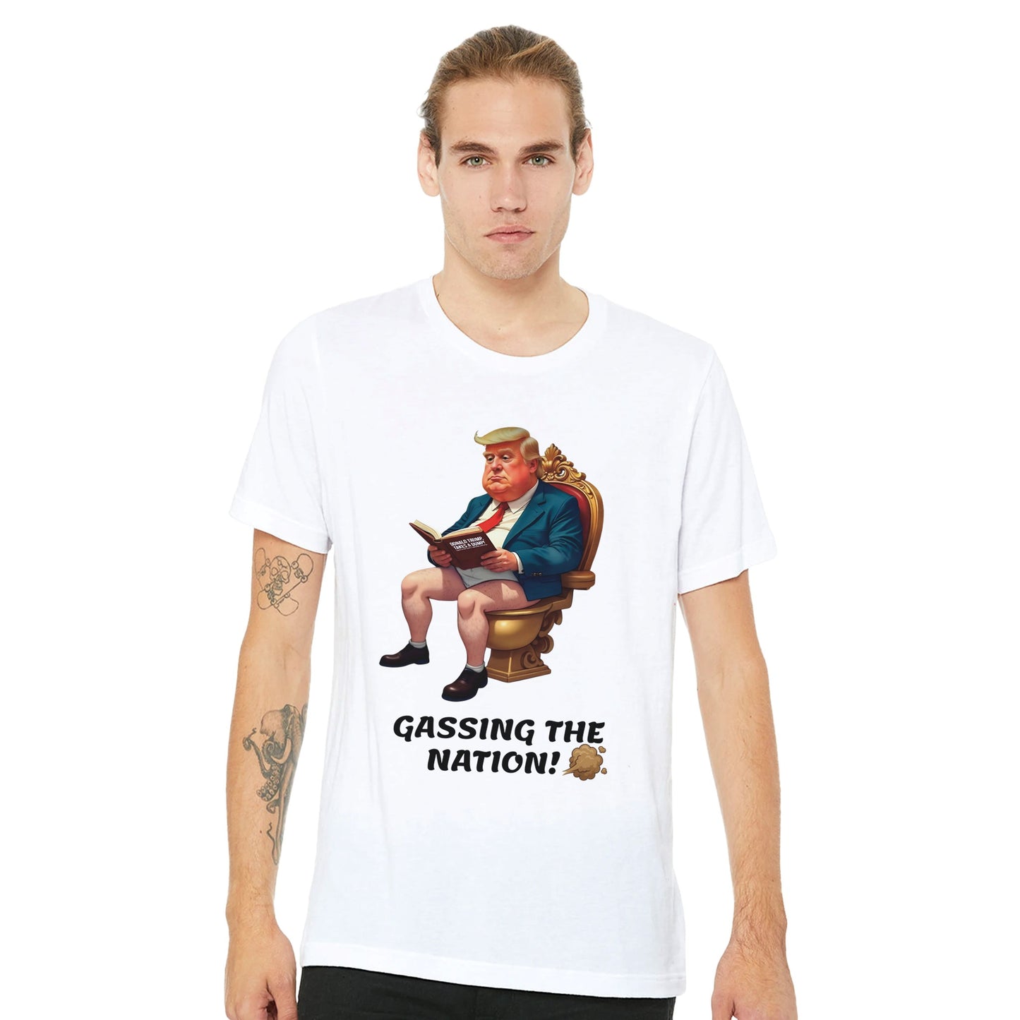 Gassing the Nation anti-Trump satire t-shirt with Trump caricature on golden toilet