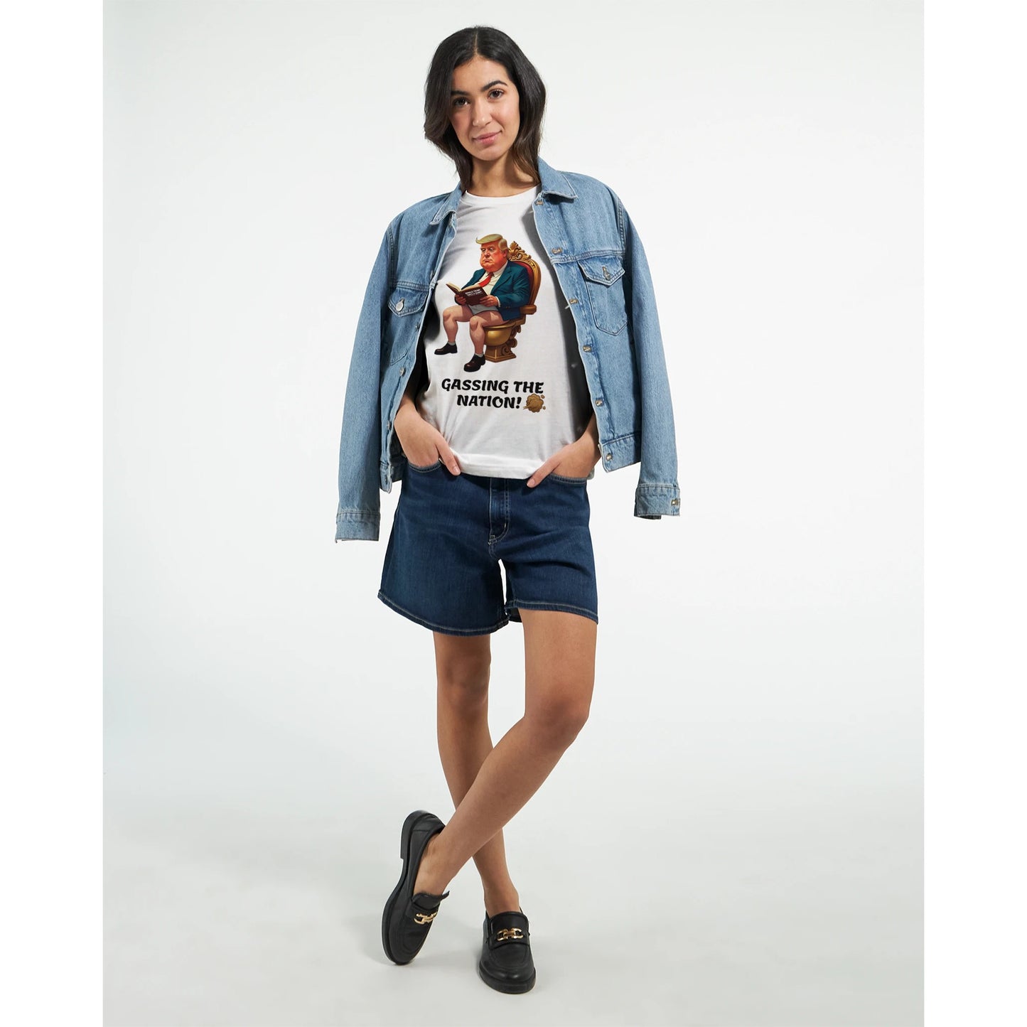 Gassing the Nation anti-Trump satire t-shirt with Trump caricature on golden toilet