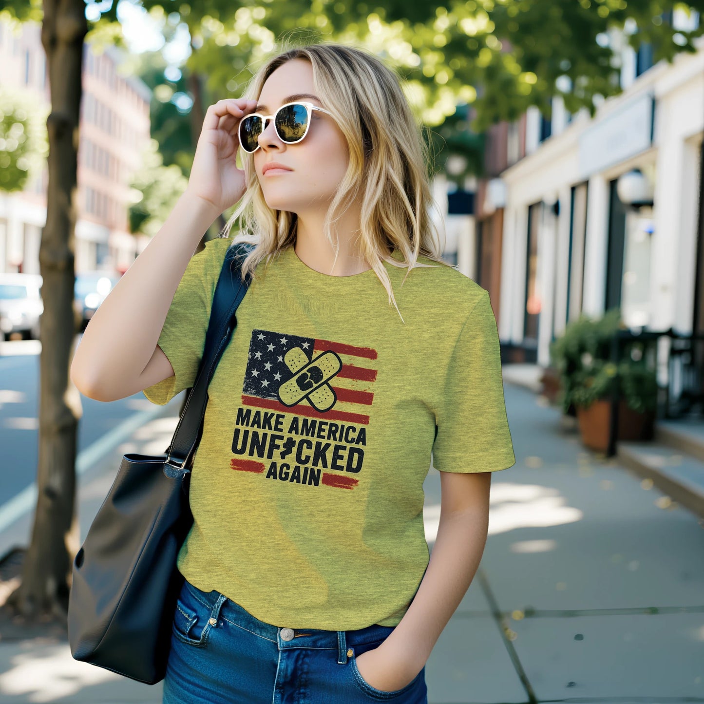 Yellow t-shirt with a distressed USA flag and crossed bandage graphic above the slogan “Make America Unf*cked Again.”