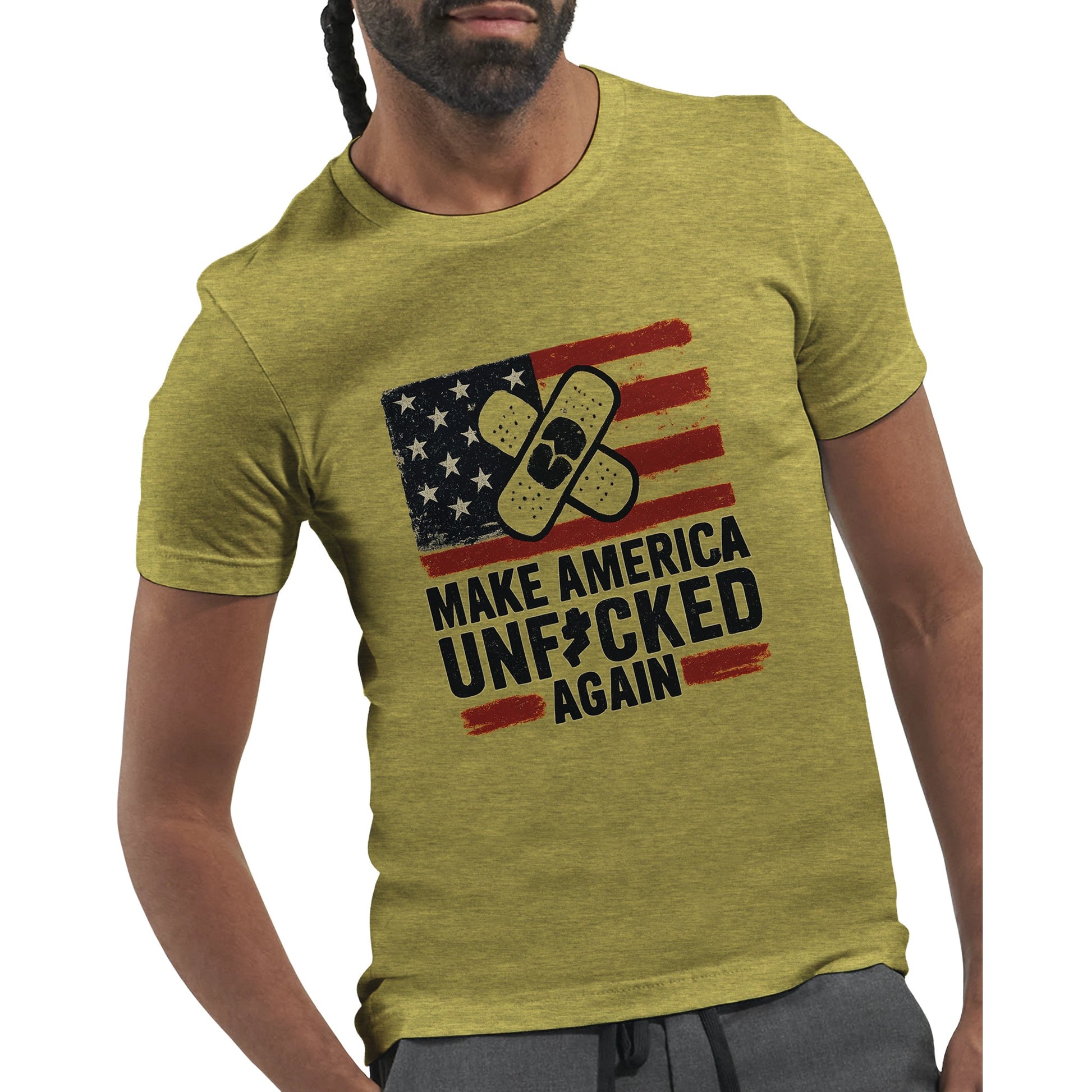 Yellow t-shirt with a distressed USA flag and crossed bandage graphic above the slogan “Make America Unf*cked Again.”